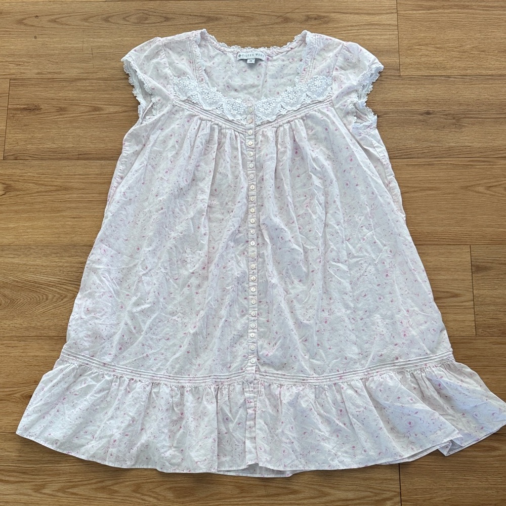 Eileen West Womens Floral Lace Ruffle Nightgown Size M Short Sleeveless Cottage